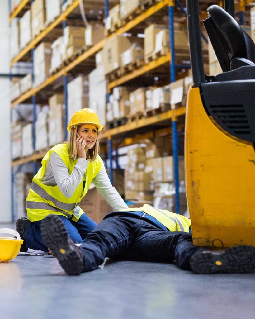 Forklift driver on call for her partner's help due to accident